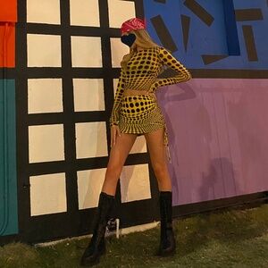 O-Mighty Yellow Black Dot Mesh Two-Piece Coorrd Set